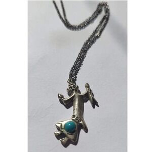 Vintage Silver Tone Pendant Necklace Turquoise Stone Whimsical Figure